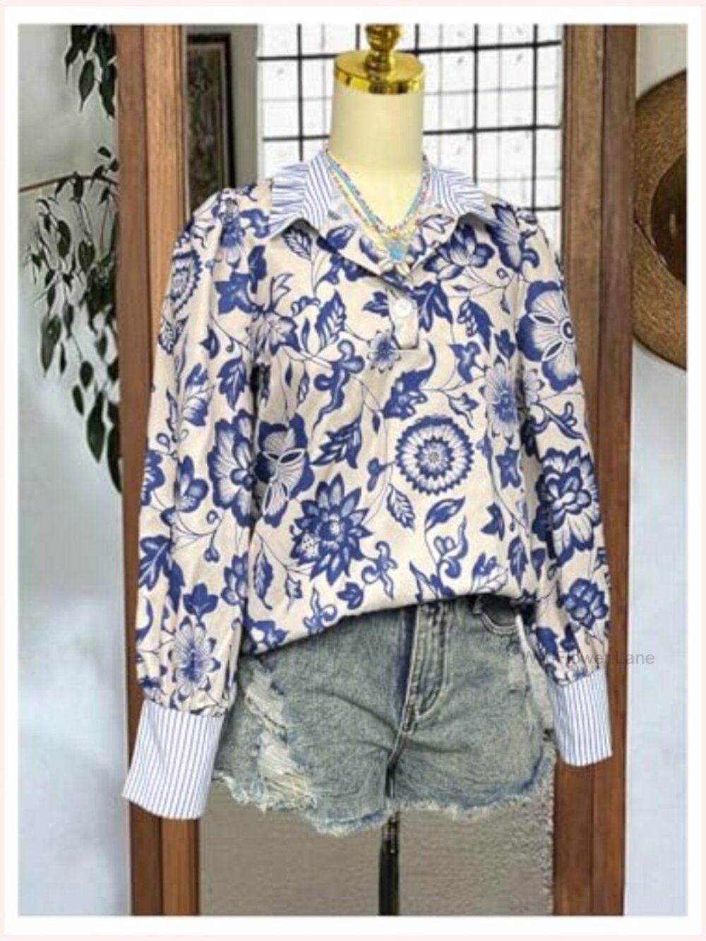 Boho Floral Striped Button Up Blouse Dressy Work Shirt Colorblock Long Sleeve - Picture 2 of 5